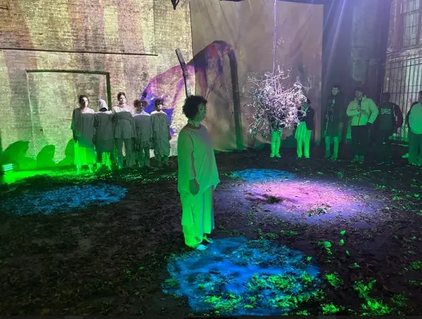 Immersive projections provide the background for a performance art piece.
