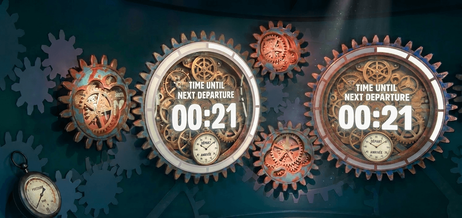 Two circular steampunk countdown timers displaying 00:21 seconds until next departure surrounded by rusty metal gears